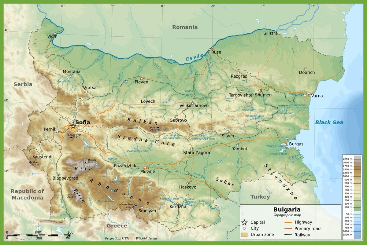 Болгария топографической карте